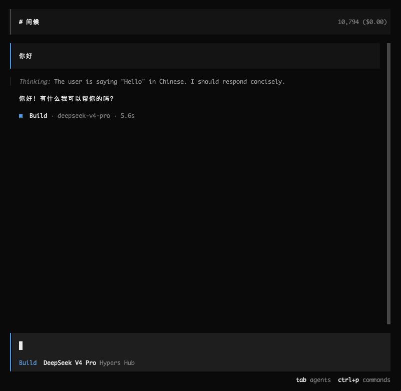 OpenCode 使用 HypersHub 模型返回结果
